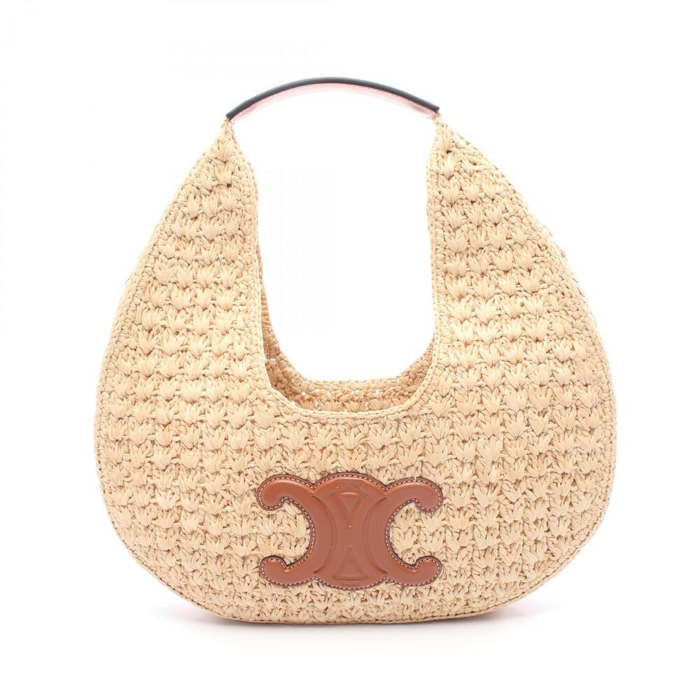 Celine Basket Bag Handbag Leather Raffia Beige Brown